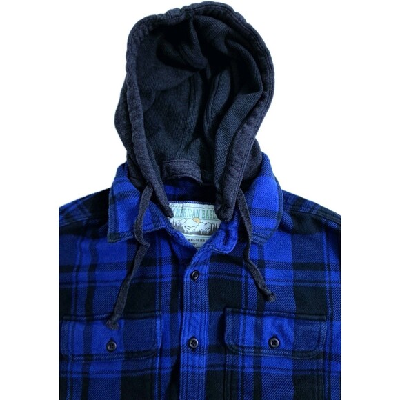 American Eagle Flannel Hoodie Mens Medium Blue Black Plaid Heavyweight Vintage - Picture 2 of 10